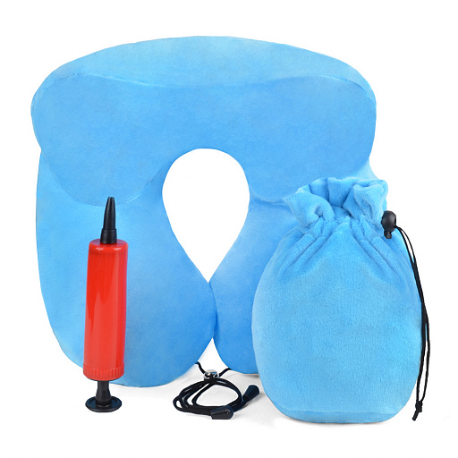 Комплект для путешествий (подушка надув +насос) 3010 велюр голуб.